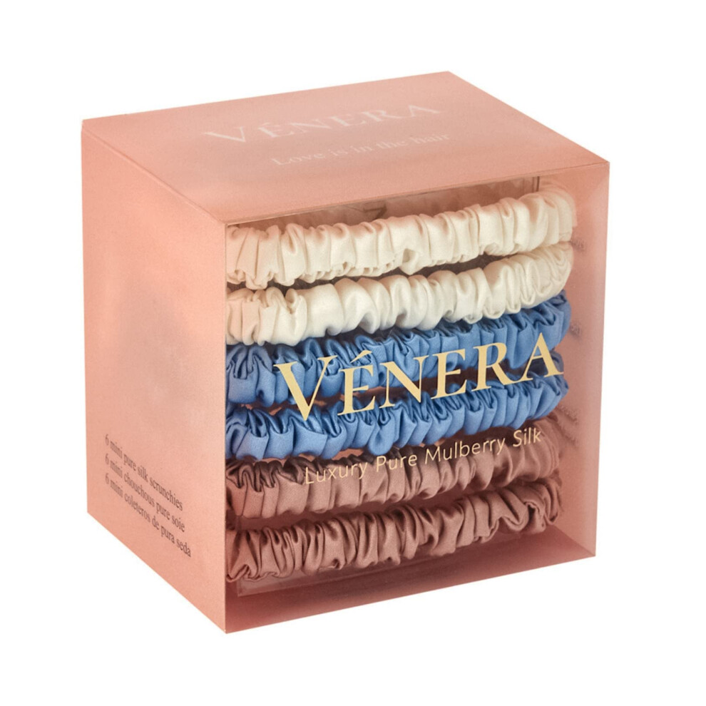 V?nera Silk Scrunchies - 100% Pure 22 Momme Mulberry Silk Hair Ties (Blue-White-Pink)