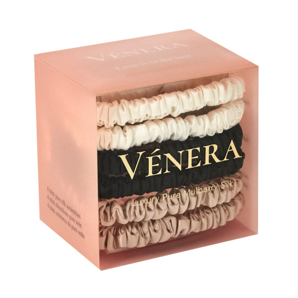 V?nera Silk Scrunchies - 100% Pure 22 Momme Mulberry Silk Hair Ties (Black-White-Caramel)