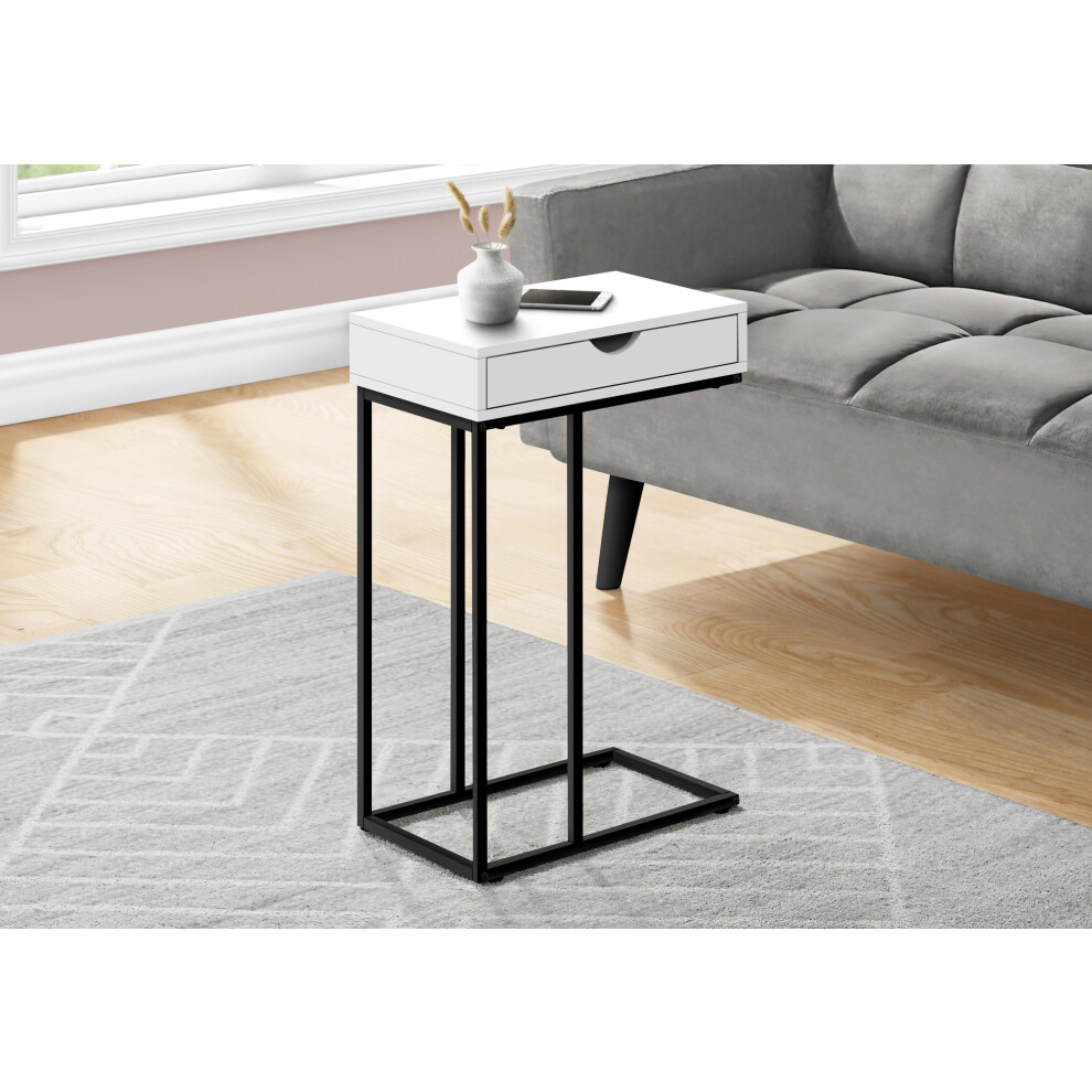 Table d'appoint en forme de C avec tiroir de rangement pour collations, salon, chambre à coucher, métal stratifié, blanc, noir, contemporain, mod