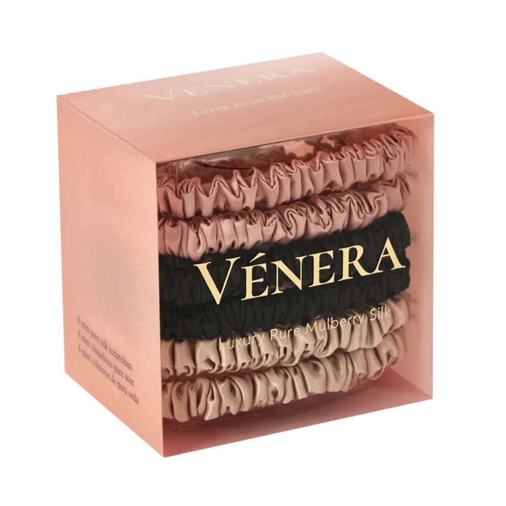 V?NERA Silk Scrunchies - 100% Pure 22 Momme Mulberry Silk Hair Ties (Black-Caramel-Pink)