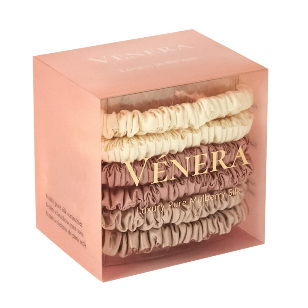 V?NERA Silk Scrunchies - 100% Pure 22 Momme Mulberry Silk Hair Ties (Pink-Cream-Caramel)
