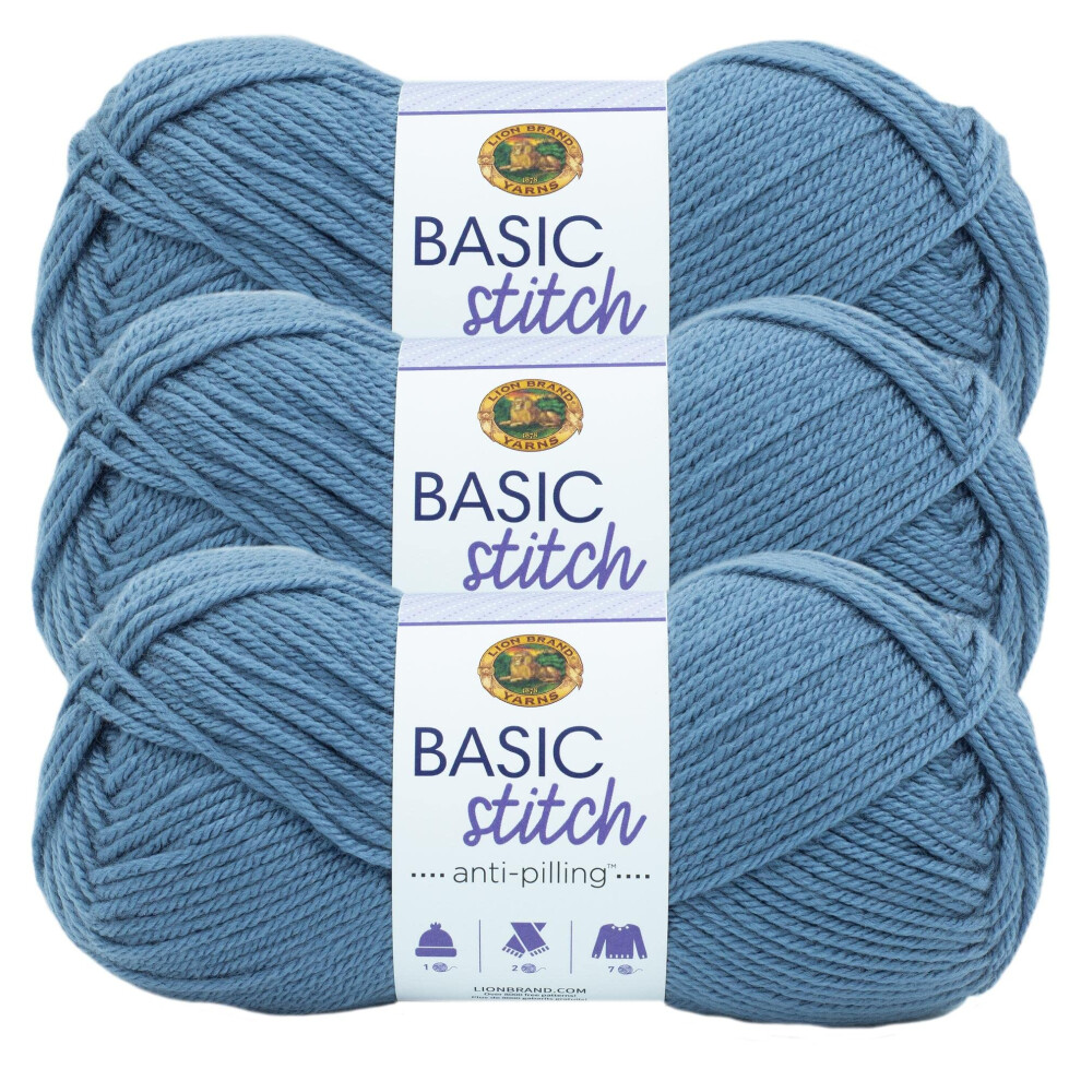 Lion Brand Yarn Basic Stitch Anti-Pilling Knitting Yarn  Yarn for Crocheting  3-Pack  Stonewash