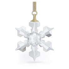 Adorno colgante Little Snowflake de Swarovski con cristales blancos transparentes y cinta dorada. Parte de la colecci   n Little Snowflake.
