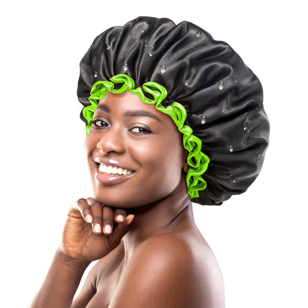 Mikimini Cuffia Da Doccia Nera Extra Large Per Donne E Uomini Trecce Di Capelli Lunghi Spessi, Cuffia Per Capelli Da Bagno Xl Riutilizzabili A Doppio Strato Impermeabile Con Bordo Verde-image