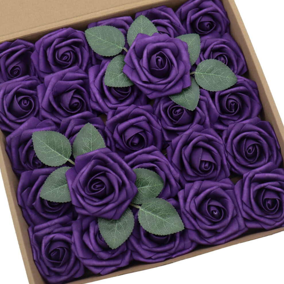 D-Seven Artificial Flower 50pcs Dark Purple Fake Roses with Stem for DIY Wedding Bouquets Floral Arrangements Bridal Shower Baby Shower Party Home Dec