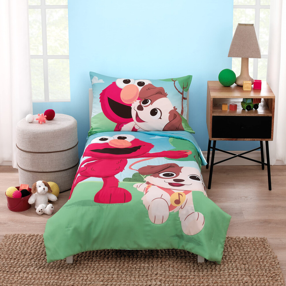 Sesame Street Furry Friends Blue  Green and Red Elmo and Puppy 4 Piece Toddler Bed Set - Comforter  Fitted Bottom Sheet  Flat Top Sheet and Reversible