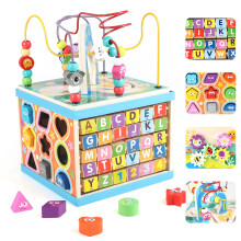 Qilay Wooden Activity Cube for Toddlers 3 5 in 1 Multipurpose ABC-123 Abacus Early Educational Montessori Toys Learning Toys for 3 Year Old | B