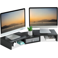 Teamix Dual Monitor Stand Riser med skuffe - Længde og vinkel Justerbar dobbeltmonitor Riser Corner Desk Shelf Organizer 37 tommer lang skærm Ris