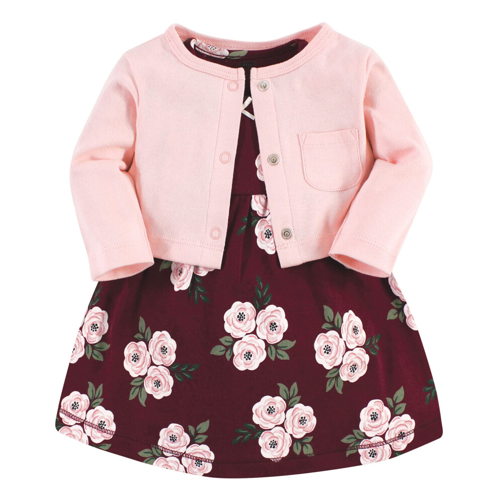 Ensemble Robe Et Cardigan En Coton Pour B B Fille Hudson Baby, Motif Floral Bordeaux, 6-9 Mois-image