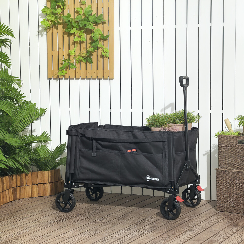 Outsunny Folding Trolley on Wheels, Garden Cart with Openable Sides, Black