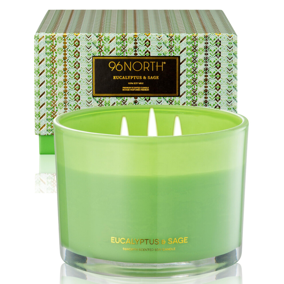 Candela Di Soia Di Lusso 96NORTH All'eucalipto E Salvia | Candela Grande In Barattolo A 3 Stoppini | Fino A 50 Ore Di Combustione | Cera Di Soia-image