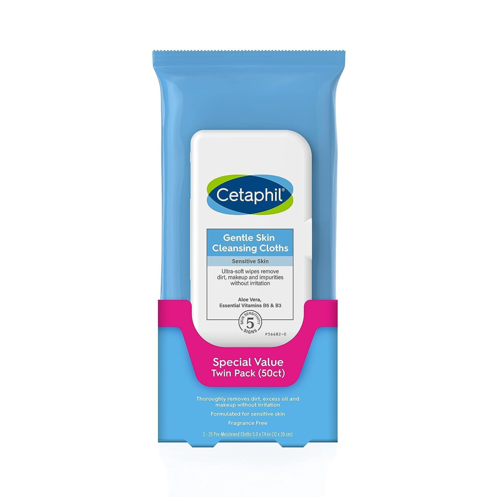 Cetaphil Face and Body Wipes  Gentle Skin Cleansing Cloths  50 Count  Twin Pack  for Dry  Sensitive Skin  Flip Top Closure  Great for the Gym  Travel