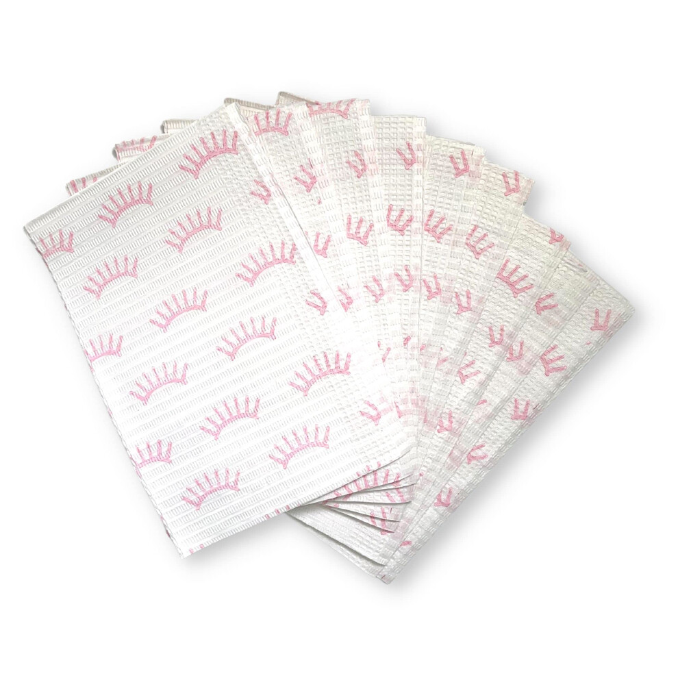 Bavoirs dentaires jetables | Paquet de 125 | Dimensions 33 x 45 cm | Fournitures pour extensions de cils | Bavoir blanc avec imprim    cils roses