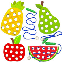 4 Pack Wooden Lacing Toy Education Threading Activity Puzzles Learning Fine Motor Skill Travle Toy Wood Fruit Threading Set til småbørn Kids 3 4