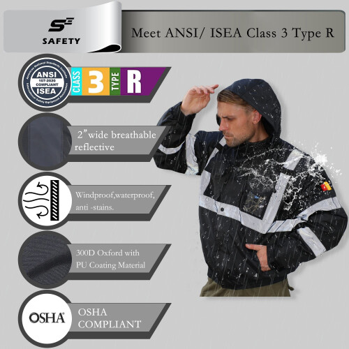 sesafety Ανακλαστική Μαύρη Ζακέτα Bomber για Άντρες, Υψηλή Ορατότητα, 4XL 1