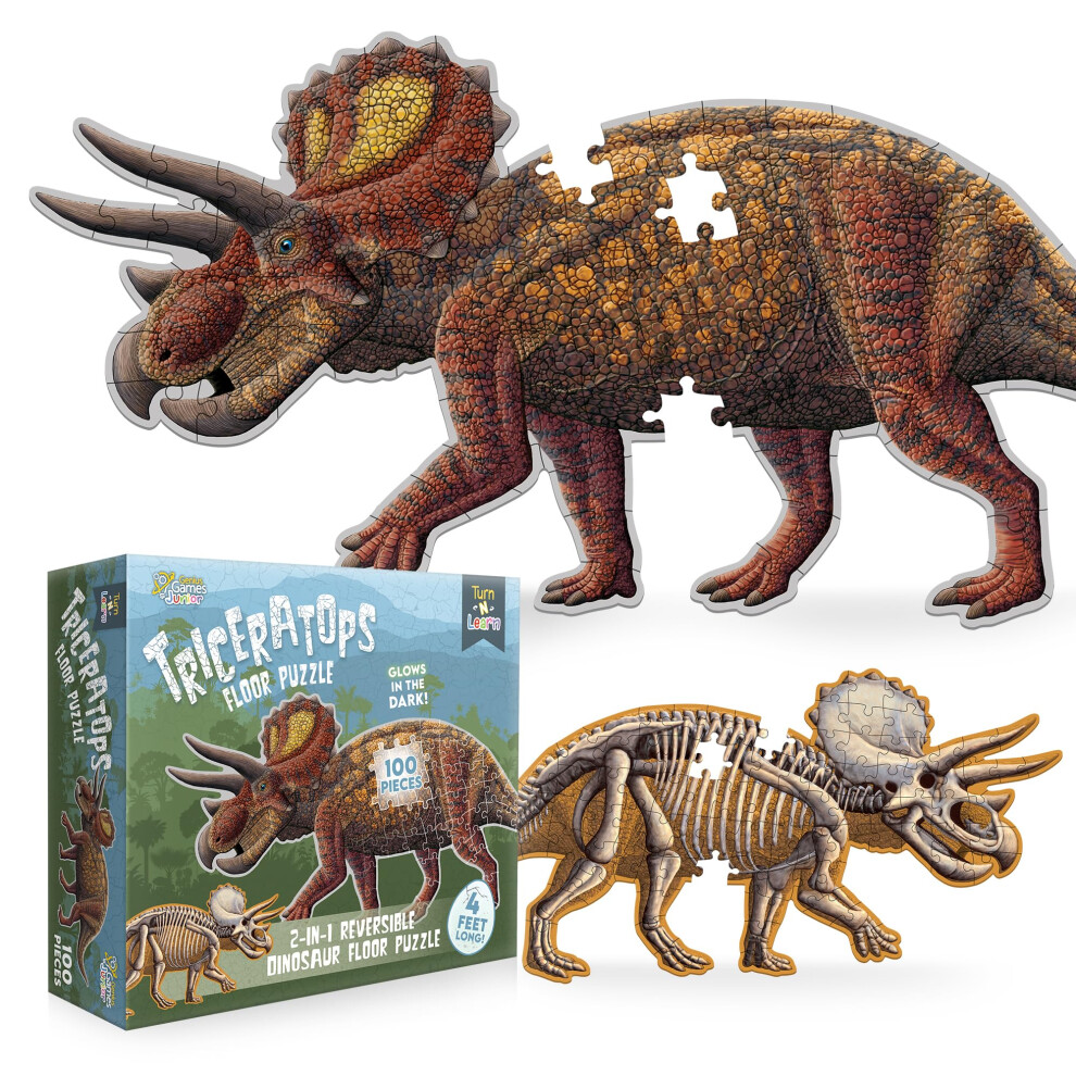 Triceratops Dinosaur Legpuzzel | 100-Delige Dubbelzijdige Vloerpuzzel Met Een Oplichtend Skelet Aan De Andere Kant | 1,2 Meter Lange Wetenschappe-image