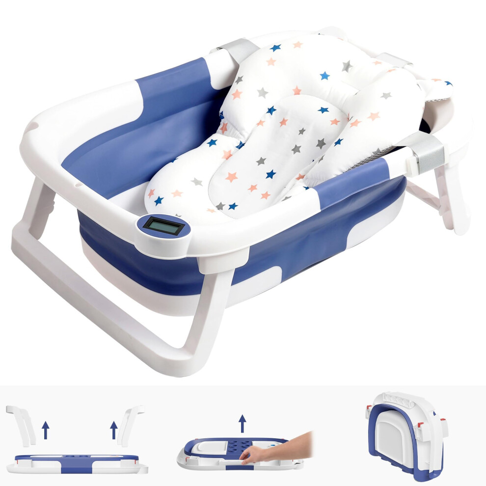 Collapsible Baby Bathtub Baby Bath Tub With Soft Cushion & Thermometer Baby Bathtub Newborn To Toddler 0-36 Months Portable Travel Baby Tub Blue Napei
