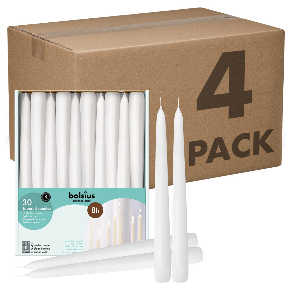 BOLSIUS White Taper Candles - Bulk Case of 4 Packs = Total 120 Candles - 8 Hours - Premium European Quality - Consistent Smokeless Flame - Unscented D-image-OPC-PGBSYTW-NEW