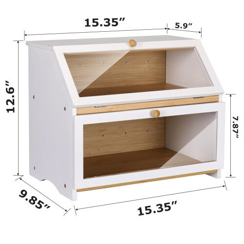HOMEKOKO Double Layer Large Bread Box for Kitchen Counter  Wooden Large Capacity Bread Storage Bin (White) 1