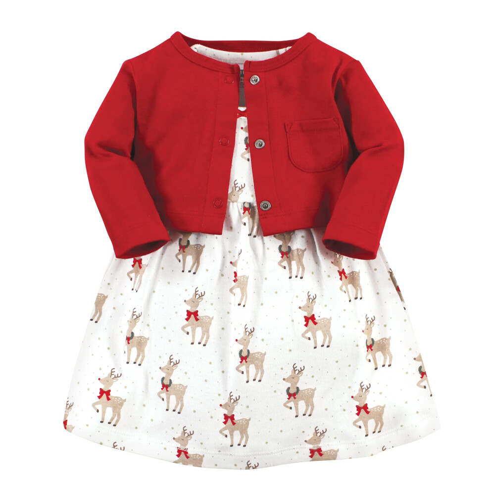 Hudson Baby Infant And Toddler Girl Cotton Dress And Cardigan Set, Fancy Rudolph, 5 Toddler-image