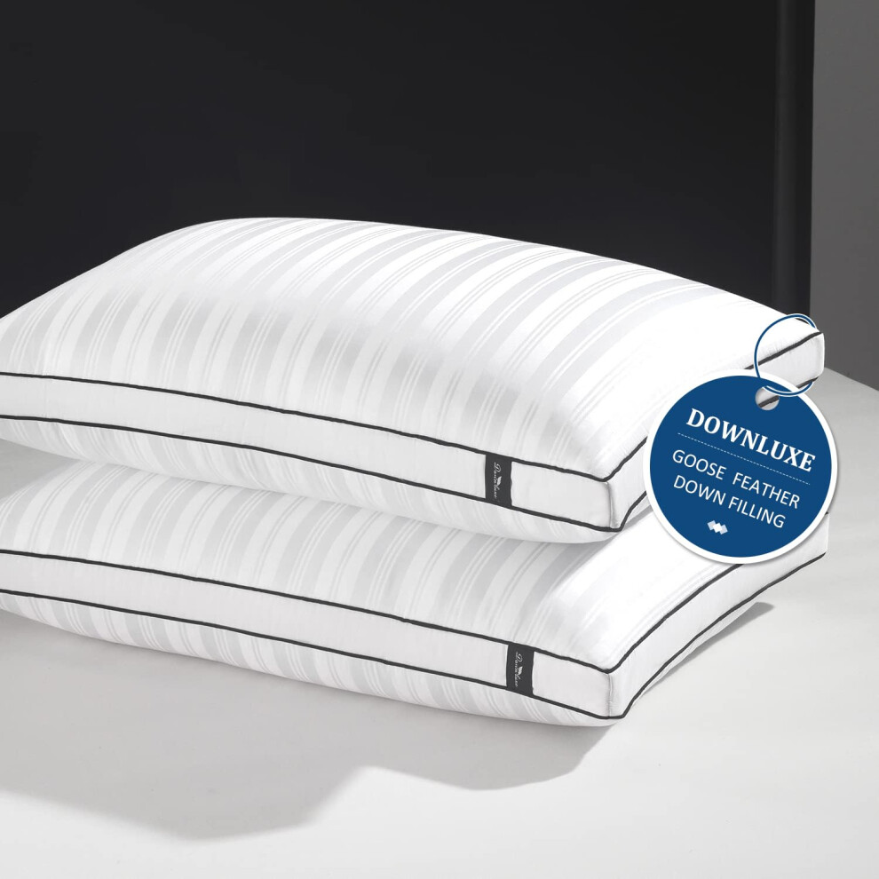 Downluxe Goose Down Pillows - 2 Pack Gusseted Hotel Collection Feather Pillows For Back Stomach Or Side Sleepers Down Pillows Queen Size Set Of 2 (1