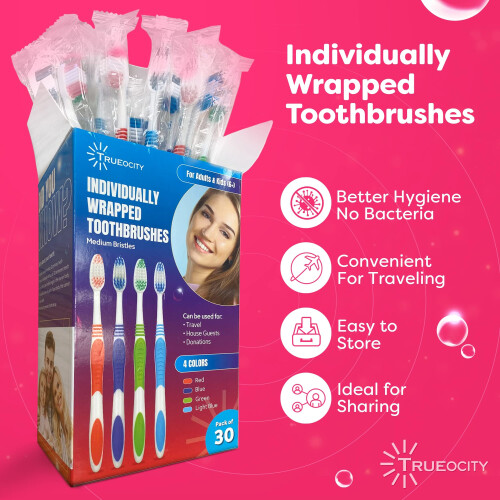 Toothbrushes Bulk Individually Wrapped - 30 Pack Bulk Toothbrush Medium BristleToothbrush Individual Toothbrushes Multi-Colored Toothbrushes Pack 2
