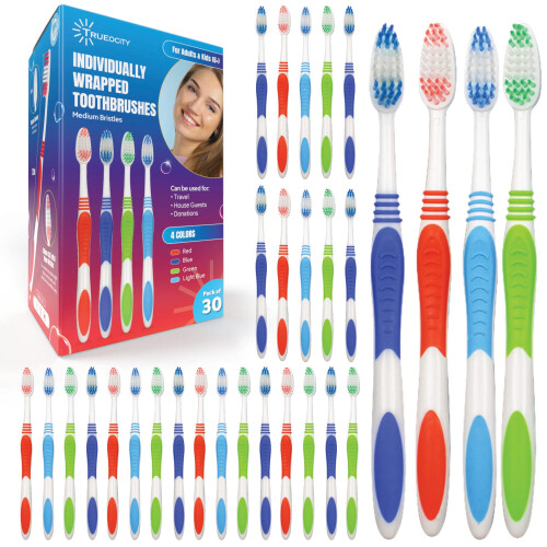 Toothbrushes Bulk Individually Wrapped - 30 Pack Bulk Toothbrush Medium BristleToothbrush Individual Toothbrushes Multi-Colored Toothbrushes Pack 1
