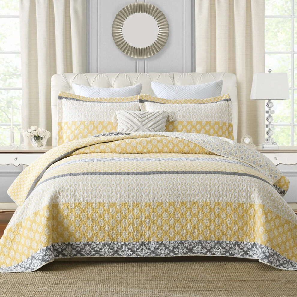 SahSahCasa Parure de lit Queen Size 100 % coton Motif floral Couvre-lits Patchwork R  versible L  ger Couvre-lit Toutes Saisons Jaune/Gris 3 Pi  ces