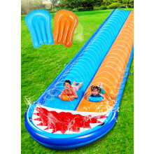 Sloosh 22,5 Fu Shark Doppel-Wasserrutsche, robuste Rasen-Wasserrutsche mit Sprinkler und 2 aufblasbaren Rutschbrettern f r Partys im Sommer, Gar