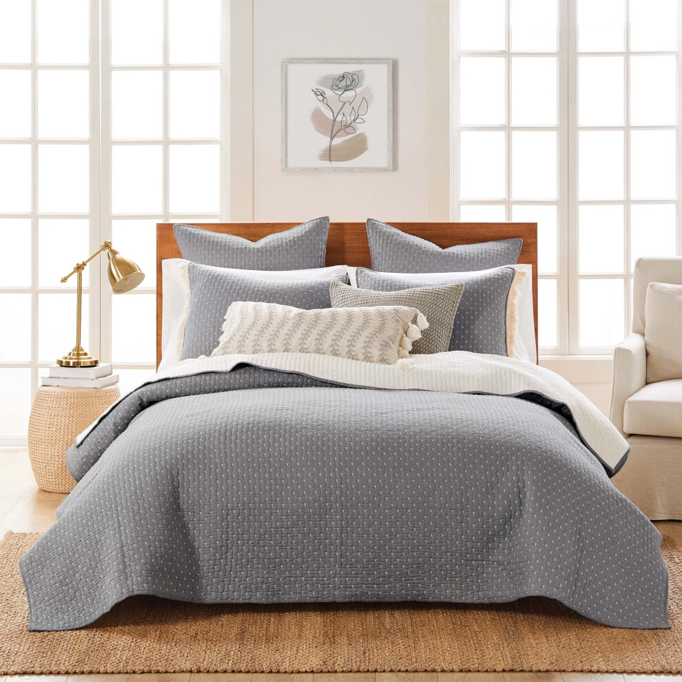 Levtex Home - Parure de lit grise     motif point de croix et contraste blanc - 100 % coton - Couette double/double XL (172 x 218 cm) + 1 taie d'or