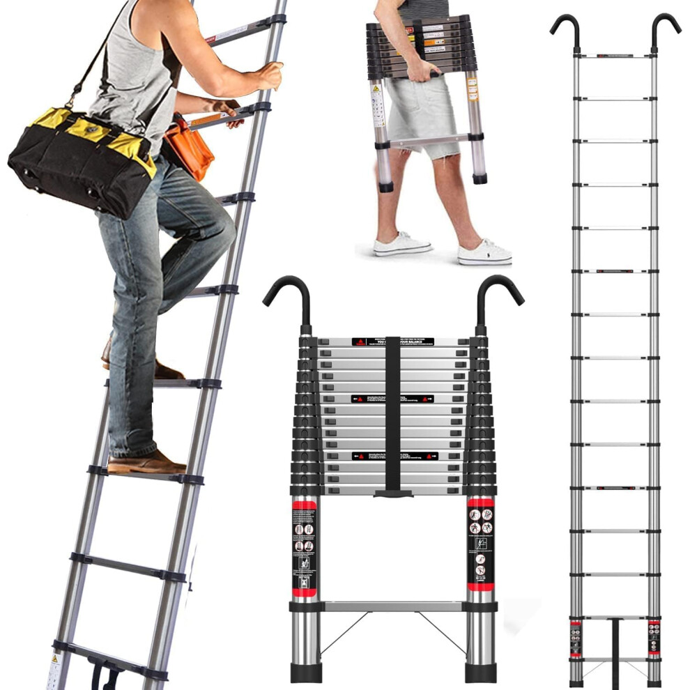 Telescopic Ladder 6.2m with Detachable Hooks & Extendable Steps, Folding Tall Ladder, Portable Collapsible Ladder for Household and Outdoor Working