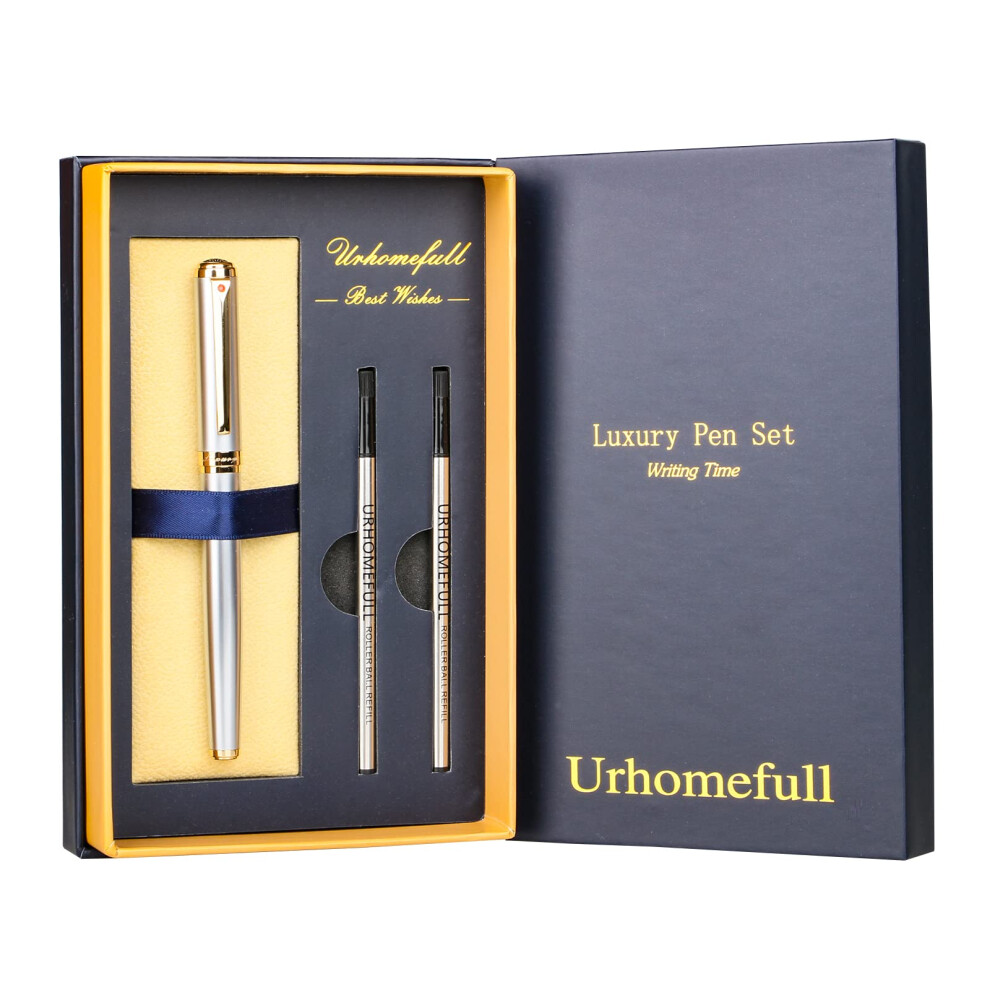 Urhomefull Superbe Stylo Roller De Luxe Avec Garniture En Or 24 Carats, Pointe Suisse Avec Recharges D'encre Noire, Cadeau Id Al Pour Homme Et Fe-image