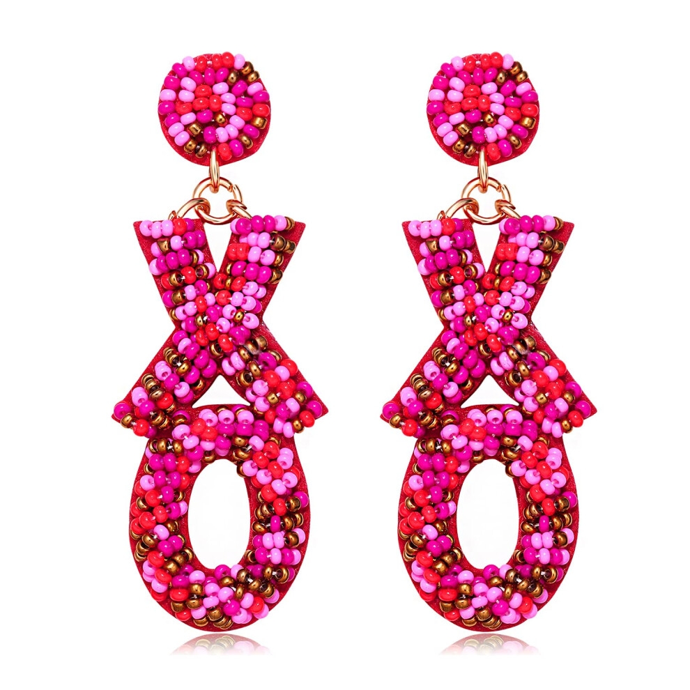 Boucles d'oreilles pendantes en forme de c   ur avec strass pour femme, motif c   ur, perles rouges, cadeau de Saint-Valentin (Fuchsia XO)