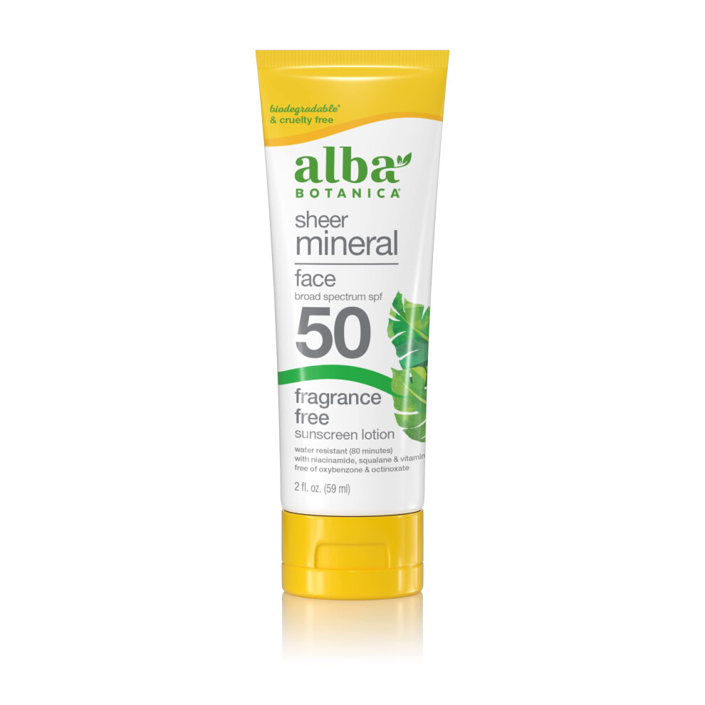 Alba Botanica Sunscreen For Face Fragrance-Free Sheer Mineral Face Sunscreen Lotion Broad Spectrum Spf 50 Water Resistant And Biodegradable 2 Fl.
