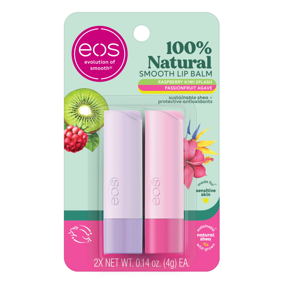 Photos - Lipstick & Lip Gloss E.O.S. eos 100 Natural Lip Balm Raspberry Kiwi Splash & Passionfruit Agave All-Day Moisture Lip Care Products 0.14 oz 2-Pack B0BNP5
