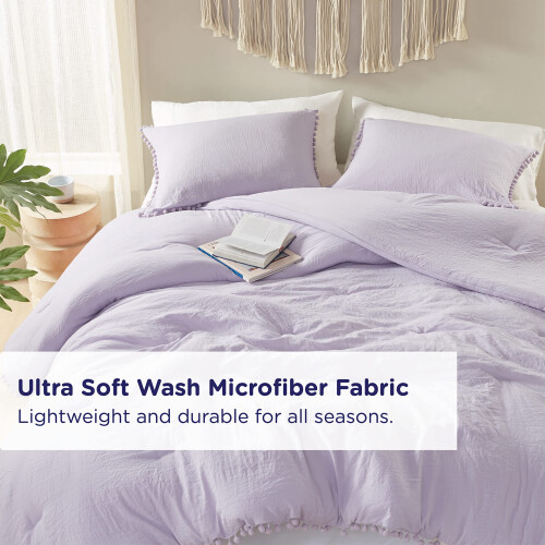 Ensemble de Couette Codi Lavande Violet Boho pour Filles, Design Pompon Esthétique, Literie Douce en Microfibre 2