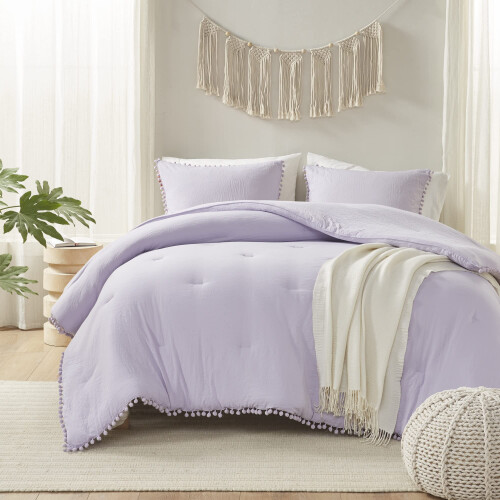 Ensemble de Couette Codi Lavande Violet Boho pour Filles, Design Pompon Esthétique, Literie Douce en Microfibre 1