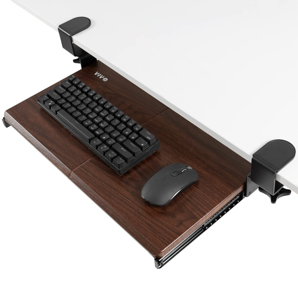 VIVO Small Clamp-on Computer Keyboard and Mouse Under Desk Slider Tray  20 x 11 inch Pull Out Platform Drawer  Dark Wood  MOUNT-KB05ES-D