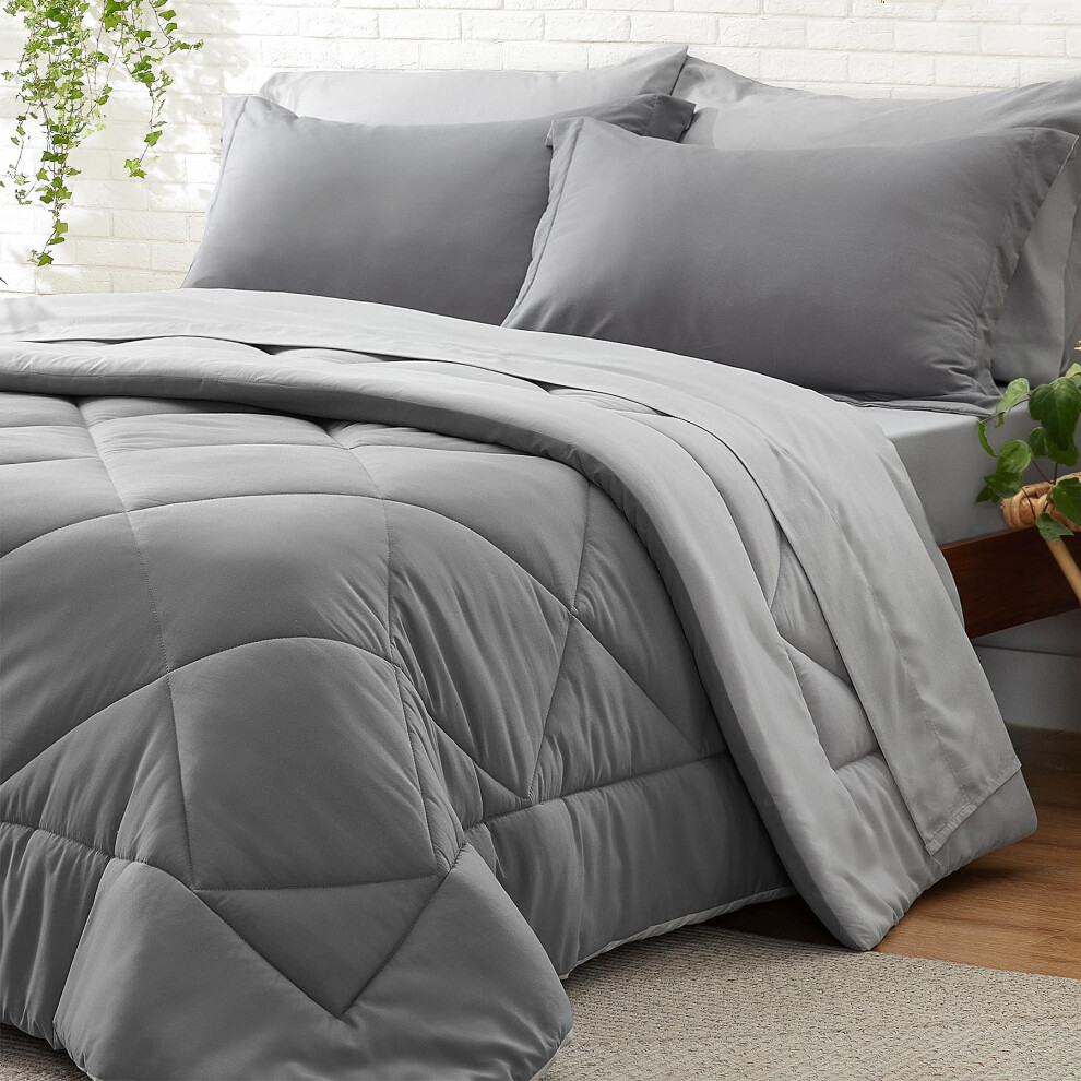 Parure de lit double XL BEDELITE 5 pi   ces - Parure de lit double extra longue r   versible en microfibre douce grise avec couettes, draps, taie d'o