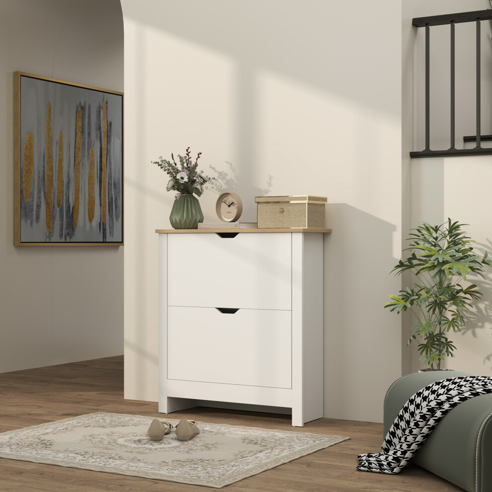 Homcom 12-Shoe Storage Cabinet 4 Shelves 2 Drawers Tabletop High Gloss White