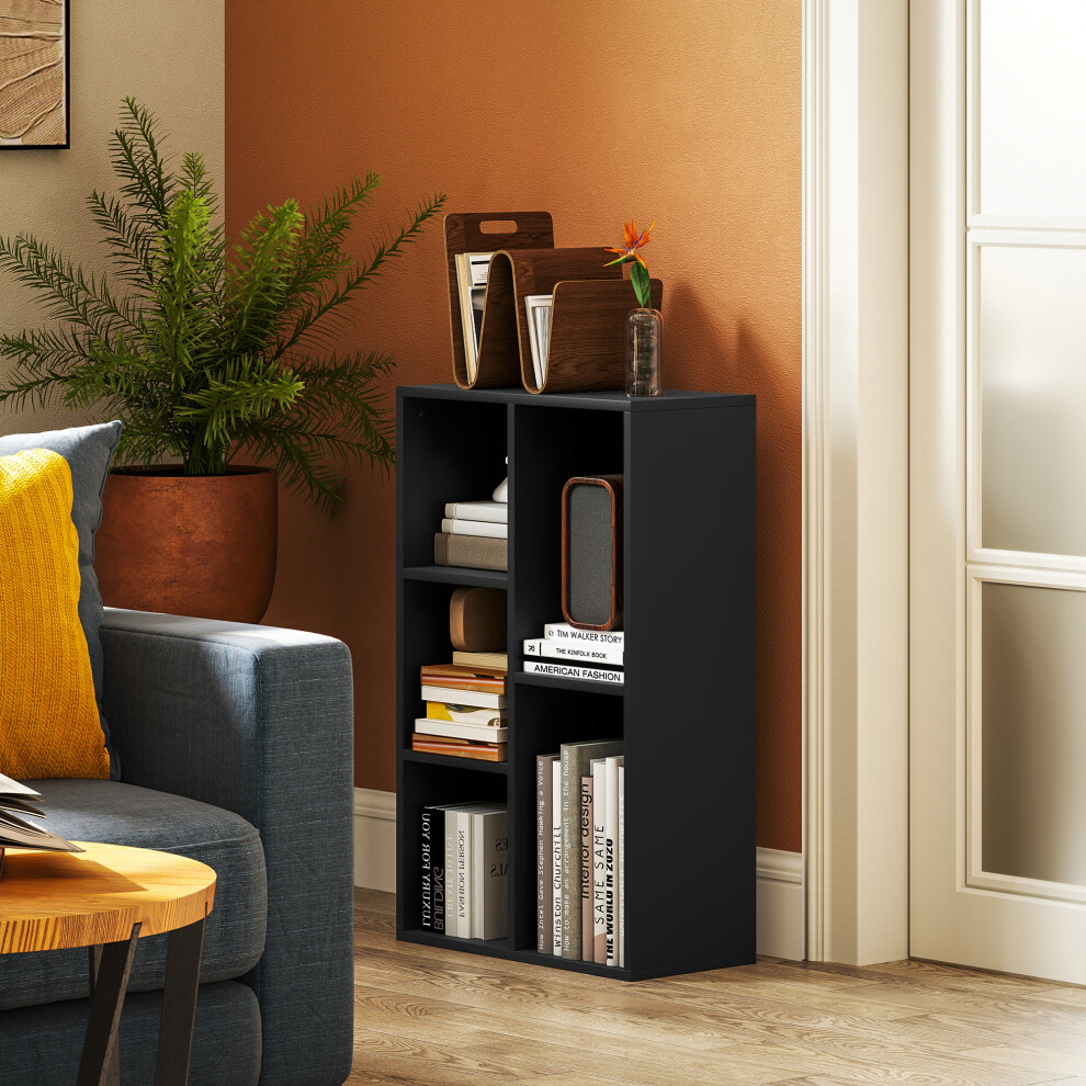 (Black) HOMCOM 2-Tier Bookshelf with 5 Open Storage Compartments