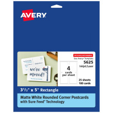 Avery ansichtkaarten met afgeronde hoeken en Sure Feed-technologie 3,5"" x 5"""" matwit 100 totaal bedrukbare kaarten met laser/inkjet (5625)