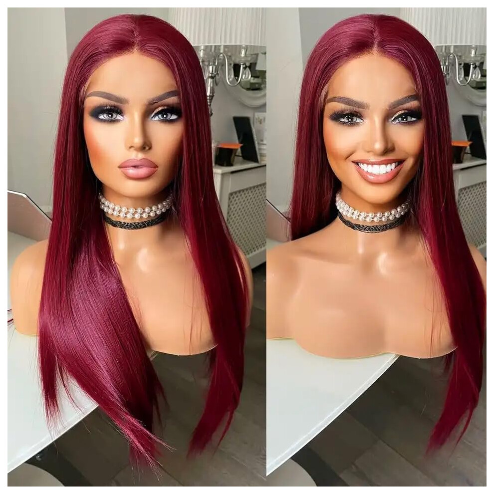 Wxhwcx Long Straight Synthetic Lace Front Wig For Women Smooth Wig Wine Red Free Part Synthetic Lace Wigs High Density Daily Wigs 24 Inch