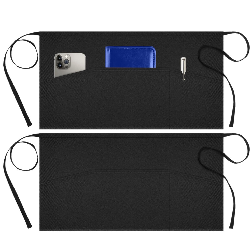 Syntus 2 Pack Server Apron With 3 Pockets Waterdrop Resistant Waitress Waiter Waist Apron 11.5-Inch Black 840073200873