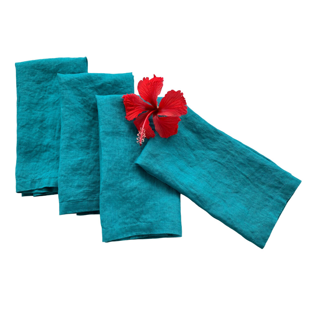 Serviettes en lin - 100 % lin fran   ais - Serviettes en pur lin lav    - Dimensions : 45,7 x 45,7 cm - Lot de 4 - Motif tropical (bleu sarcelle)