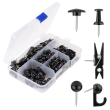 Zwarte punaises set 5 stijlen 140 stuks punaises kaartspelden stalen punt en donkere plastic kop punaises zwarte punaises voor prikborden (zwart - 140