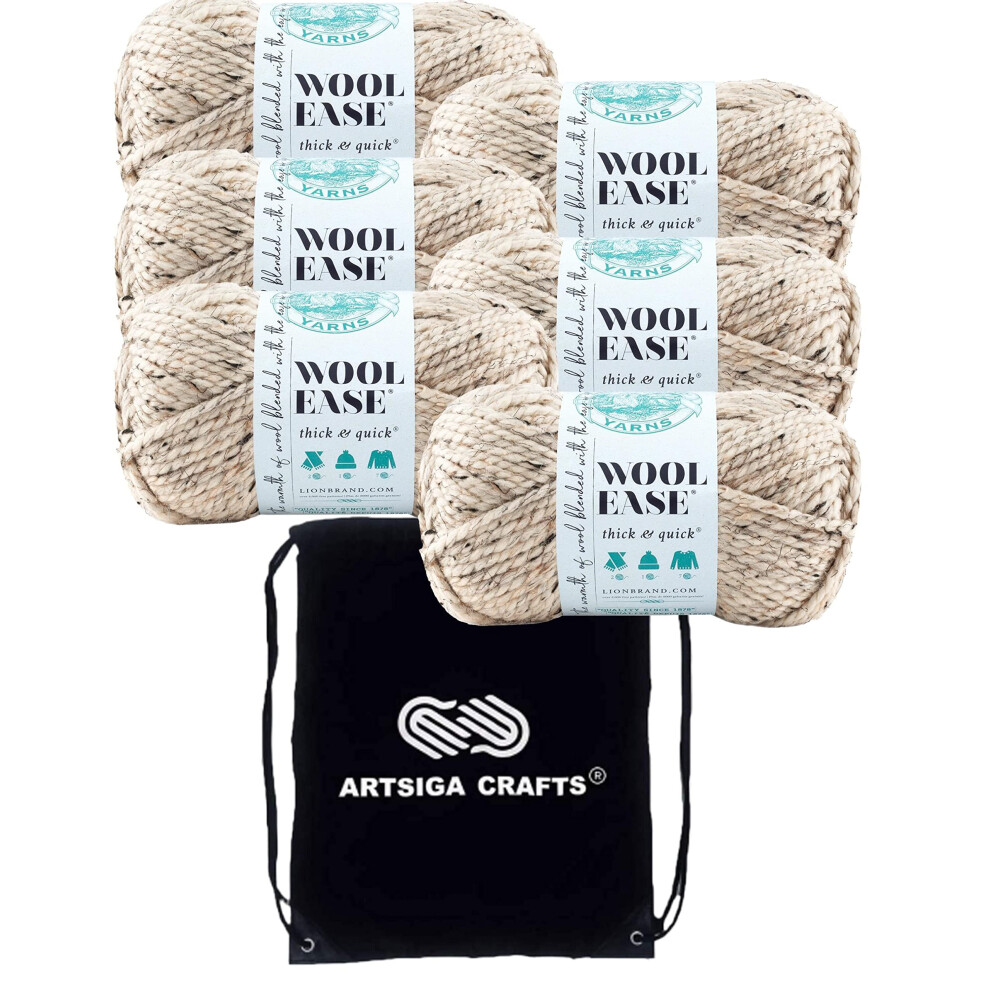 Lion Brand Wool Ease Thick & Quick Oatmeal 640-123 (6-Skeins - Same Dye Lot) #6 S Bulky Acrylic-Wool Yarn for Crocheting and Knitting - Bundle with 1