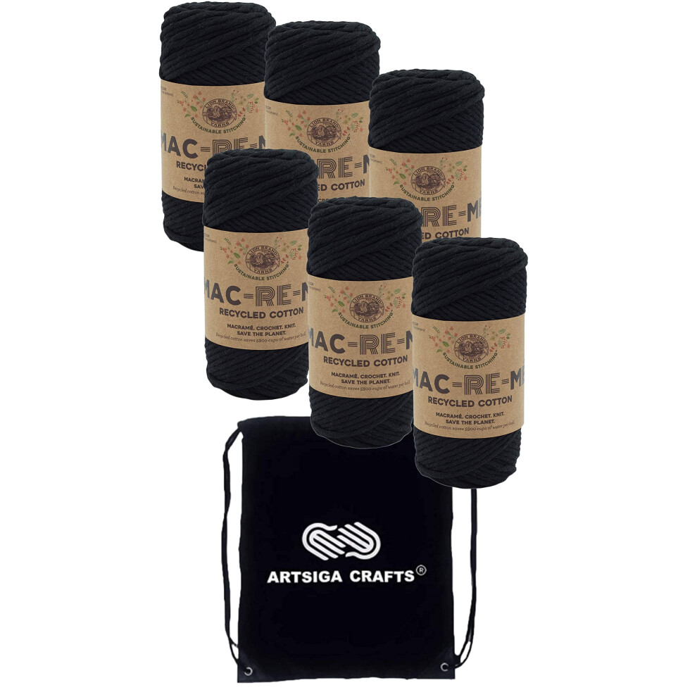 Lion Brand Mac Re Me Black 845-153 (6-Skeins - Same Dye Lot) Weight S Bulky #6 Cotton Yarn for Crocheting and Knitting - Bundle with 1 Artsiga Crafts