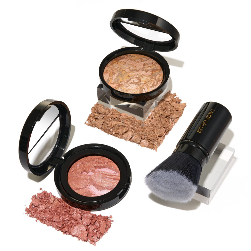 LAURA GELLER NEW YORK Baked Balance-N-Glow Illuminating Powder Foundation  Medium + Retractable Kabuki Brush + Baked Blush-N-Brighten  Pink Grapefruit