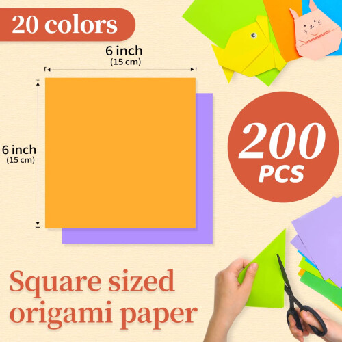 IooLeem Origami Paper 200 Folhas 20 Cores de 6 polegadas de papel quadrado de dupla face. 1